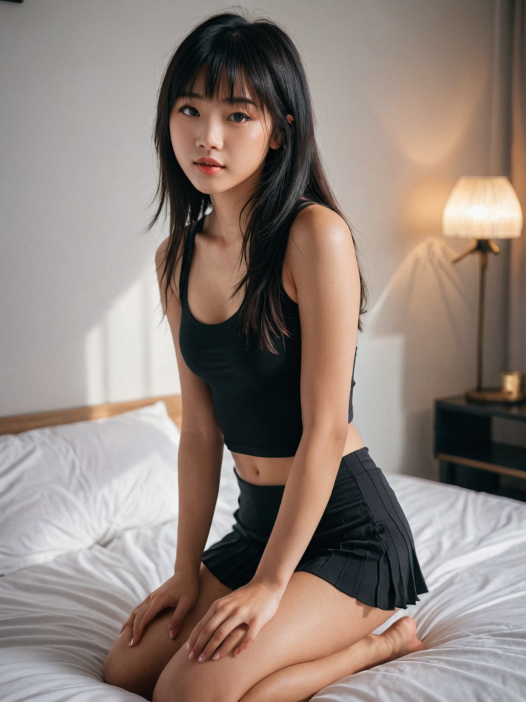a young beautiful cute teen Asian girl, is kneeling on the bed, straight long weavy black hair in bangs cut, she is very happy, perfect curved fit body, dressed in a body-hugging manner, short crop sport tank top and short mini skirt, she looks seductive, full lips, perfect shadows, cinematic lights, ((stunning)) ((gorgeous)) ((realistic detailed photo)) ((front view))