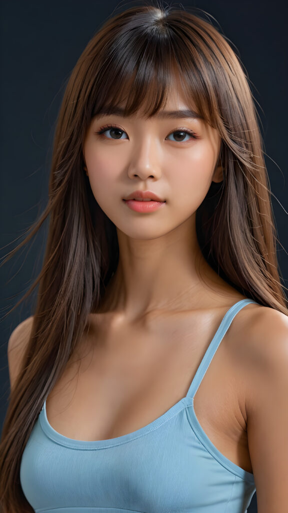 a young beautiful Asian teen girl, she has full lips and her mouth is slightly open ready to kiss, she has long (((detailed straight shoulder-length hair, bangs that are parted to the side))), and (realistic light blue eyes), ((angelic face)), dark background, perfect shadows, weak light falls into the picture from the side, she wears a tight (((crop top))), perfect curved body, she looks seductively at the viewer, flawless skin, white teeth, ((side view)) ((ultra realistic photo)) ((stunning)) ((gorgeous)) ((4k)) ((upper body))