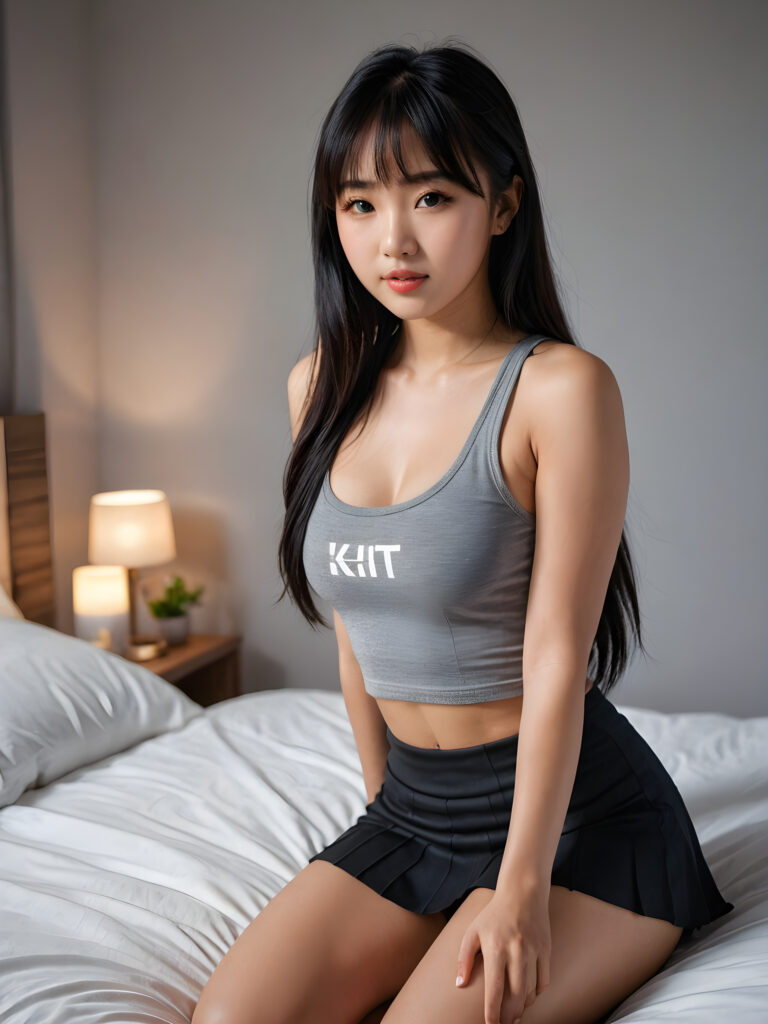 a young beautiful cute teen Asian girl, is kneeling on the bed, straight long weavy black hair in bangs cut, she is very happy, perfect curved fit body, dressed in a body-hugging manner, short crop sport tank top and short mini skirt, she looks seductive, full lips, perfect shadows, cinematic lights, ((stunning)) ((gorgeous)) ((realistic detailed photo)) ((front view))