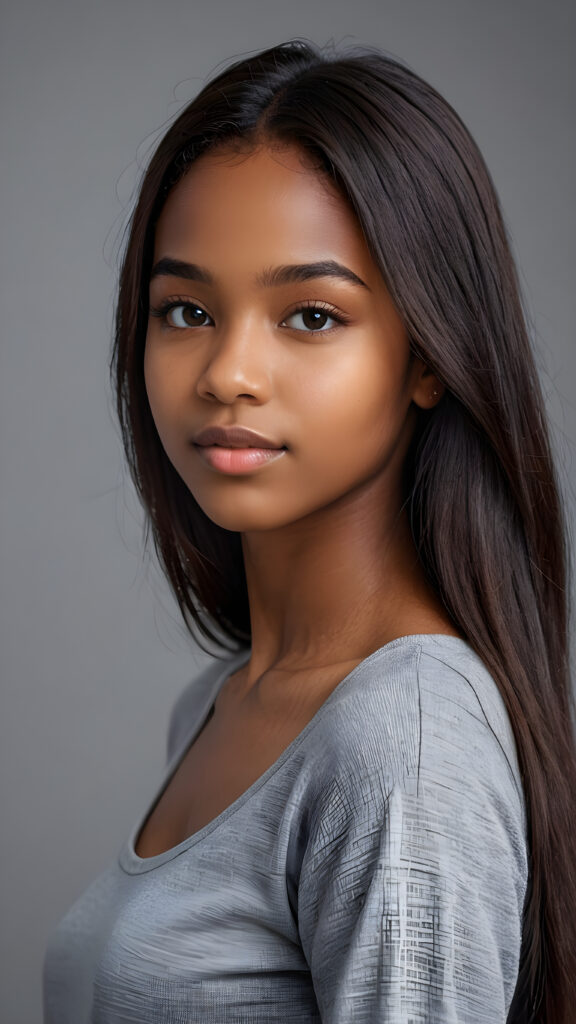 a young beautiful dark-skinned cute teen girl, straight hair, grey background, ((stunning)) ((gorgeous)) ((4k)) ((realistic detailed photo))