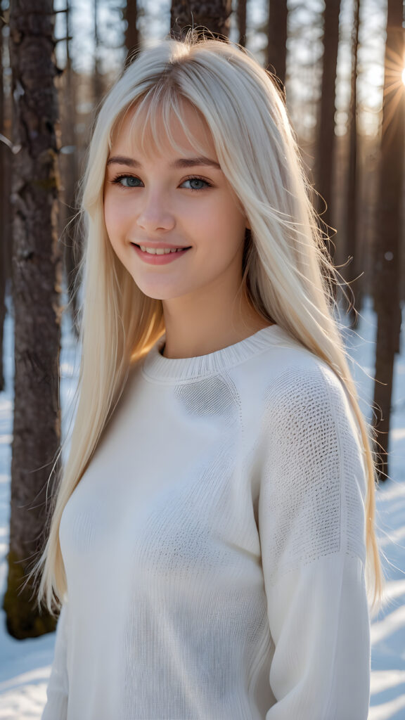 a young beautiful cute young Nordic teen girl, 15 years old, warm smile, dimmed light falls on her, she has long (((white straight long hair, bangs cut))) (her hair falls on her shoulders), and (realistic dark blue eyes), ((angelic round face)), in a dreamy, snowy landscape, perfect shadows, she wears (a ((white tight silk sweater))), perfect curved fit body, she looks seductively at the viewer and smiles slightly, upper body, flawless skin, ((side profile)) ((ultra realistic photo)) ((stunning)) ((gorgeous)) ((4k))