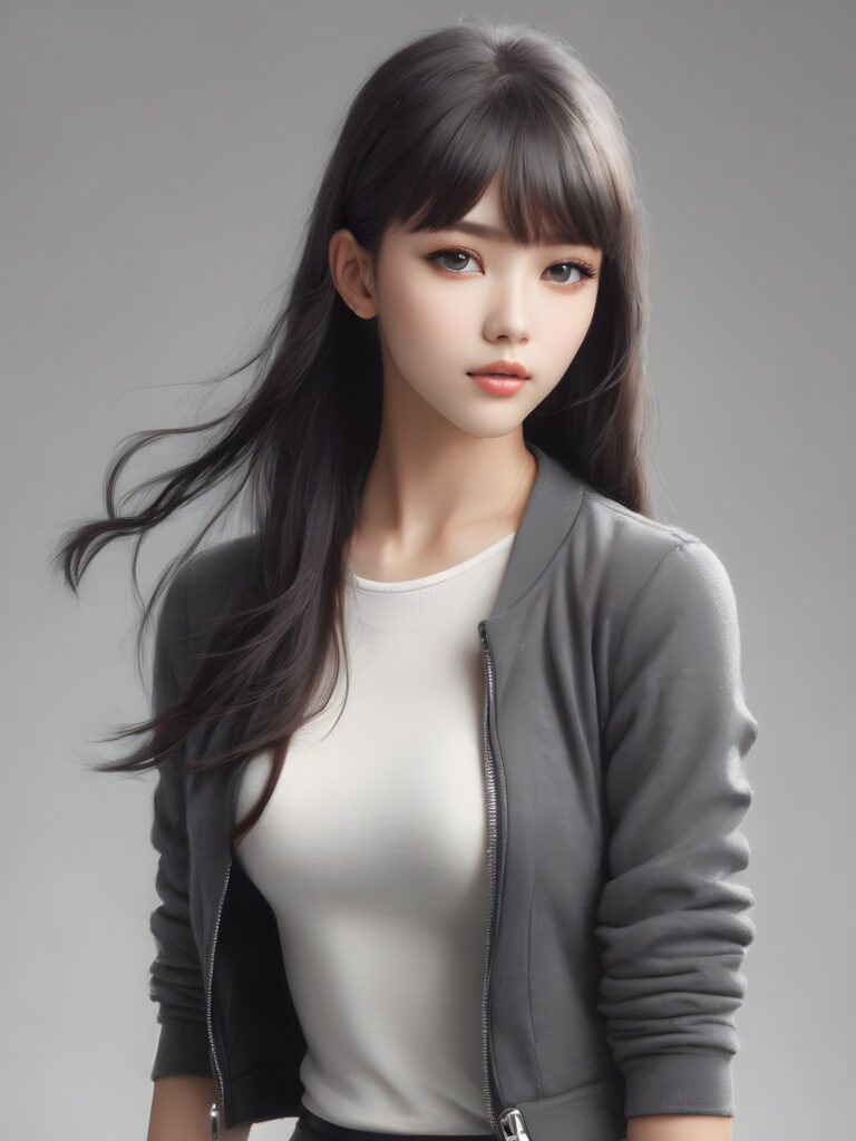 a young beautiful teen girl, perfect curved body, full lips, crop black jacket, ((straight hair, bangs cut), ((stunning)) ((gorgeous)), ((grey background)) ((a figure drawing))