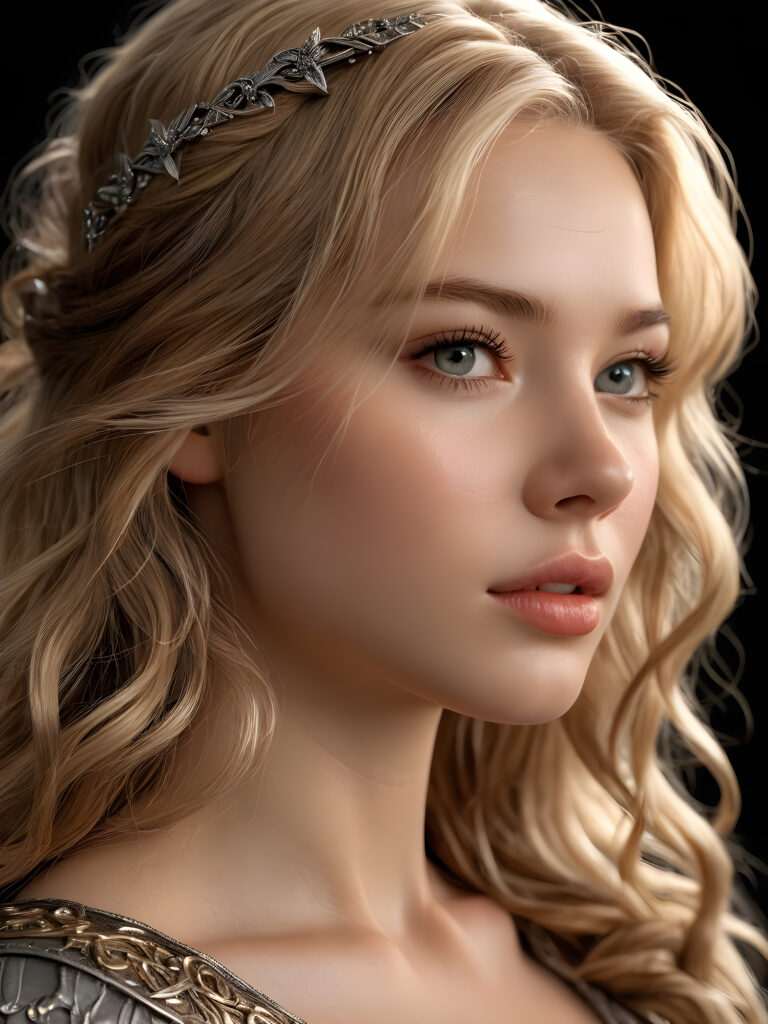 a young beautiful girl looks like Eowyn, she has full lips and her mouth is slightly open ready to kiss, she has (((detailed hair))), and (realistic eyes), ((angelic face)), black background, perfect shadows, weak light falls into the picture from the side, perfect curved body, she looks seductively at the viewer, flawless skin, ((side view)) ((ultra realistic photo)) ((stunning)) ((gorgeous)) ((4k)) ((upper body))