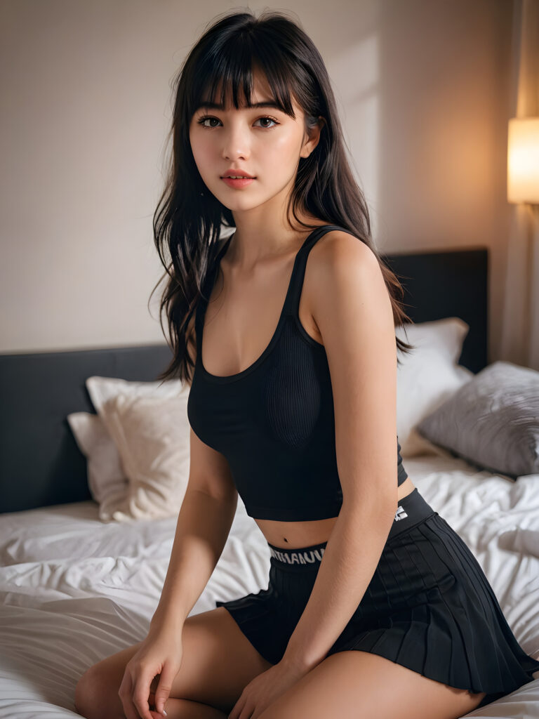 a young beautiful cute teen girl, is sitting on the bed, straight long weavy black hair in bangs cut, she is very happy, perfect curved fit body, dressed in a body-hugging manner, short crop sport tank top and short mini skirt, she looks seductive, full lips, perfect shadows, cinematic lights, ((stunning)) ((gorgeous)) ((realistic detailed photo)) ((front view)) ((dimmed light falls in the pictures))