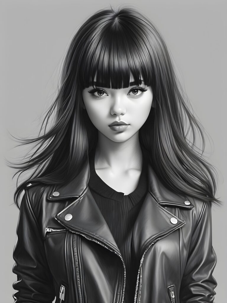 a young beautiful teen girl, perfect curved body, full lips, crop black jacket, ((straight hair, bangs cut), ((stunning)) ((gorgeous)), ((grey background)) ((a rough hand sketch with a pencil in black and white))