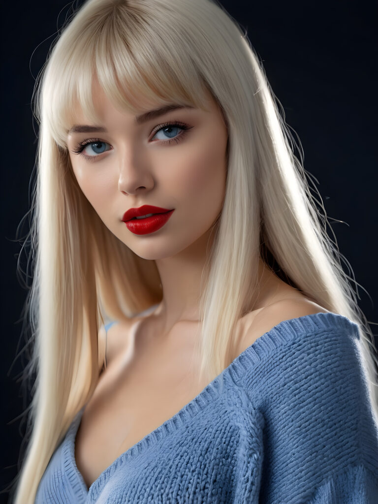 a young beautiful young Nordic girl, she has full red lips and her mouth is slightly open ready to kiss, white teeth, she has long (((detailed white straight hair in bangs cut))) (her hair falls on her shoulders), and (realistic light blue eyes), ((angelic face)), dark background, perfect shadows, weak light falls into the picture from the side, she wears a tight (((silk sweater in blue))), perfect curved body, she looks seductively at the viewer, flawless skin, ((side view)) ((ultra realistic photo)) ((stunning)) ((gorgeous)) ((4k))
