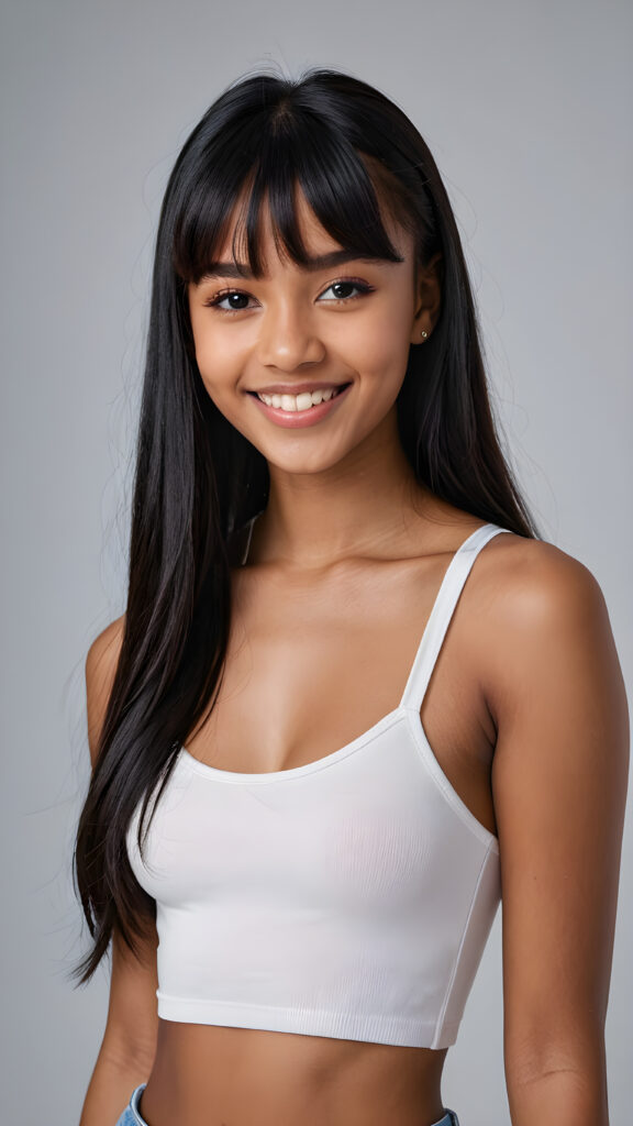 a young beautiful dark-skinned teen girl, (((straight long black hair, bangs cut))) (her hair falls on her shoulders), and (realistic dark blue eyes), ((angelic round face)), perfect shadows, white teeth, she wears (a ((tight crop top))), perfect curved fit body, upper body, grey background, ((stunning)) ((gorgeous)) ((4k)) ((artistically designed portrait))