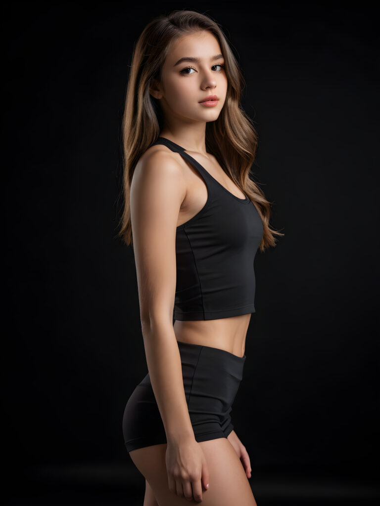 a stunningly gorgeous (((young teen girl))), age 15, with impeccably curved figure and (((short crop sport tank top))), short mini skirt that showcases her figure, face framed by long, sleek locks, highlighted by (perfectly defined) side swept bangs and full, kissable lips, all under (4K realistic detail) against a (black, high-quality backdrop), captured from a (side angle).