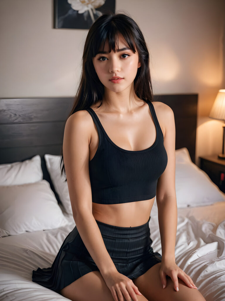 a young beautiful cute teen girl, is sitting on the bed, straight long weavy black hair in bangs cut, she is very happy, perfect curved fit body, dressed in a body-hugging manner, short crop sport tank top and short mini skirt, she looks seductive, full lips, perfect shadows, cinematic lights, ((stunning)) ((gorgeous)) ((realistic detailed photo)) ((front view)) ((dimmed light falls in the pictures))