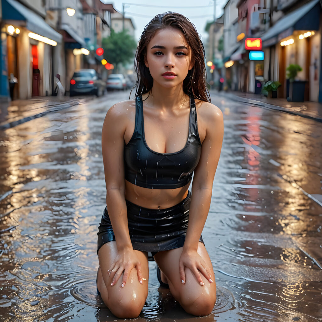 a young beautiful cute teen girl, is kneeling on the ground, heavy rain in the street, straight wet hair, she is sad, perfect curved fit body, dressed in a body-hugging manner, short crop sport tank top and short mini skirt, she looks seductive, full lips, perfect shadows, cinematic lights, ((stunning)) ((gorgeous)) ((4k)) ((realistic detailed photo)) ((front view))
