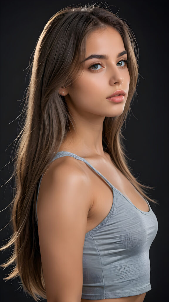 a young beautiful young girl, she has full lips and her mouth is slightly open ready to kiss, she has long (((detailed straight hair))) (her hair falls on her shoulders), and (realistic light blue eyes), ((angelic face)), black background, perfect shadows, weak light falls into the picture from the side, she wears a tight (((grey crop top))), perfect curved body, she looks seductively at the viewer, flawless skin, ((side view)) ((ultra realistic photo)) ((stunning)) ((gorgeous)) ((4k))