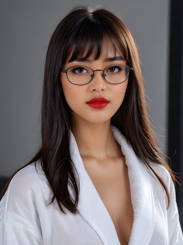 a young beautiful Exotic teen girl, wearing a large, dark prescription glasses, she wears a white bathrobe, she has (full red lips) and her mouth is slightly open, she has long (((detailed straight shoulder-length dark hair, bangs that are parted to the side))), and (realistic dark eyes), ((angelic face)), ((grey background)), perfect shadows, weak light falls into the picture from the side, perfect curved body, she looks seductively at the viewer, flawless skin, white teeth, ((side view)) ((ultra realistic photo)) ((stunning)) ((gorgeous)) ((4k)) ((upper body))