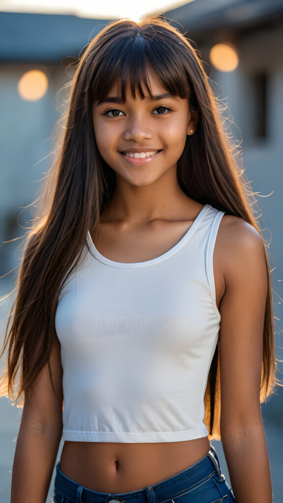 a young beautiful dark-skinned teen girl, warm smile, dimmed light falls on her, she has (((straight long black hair, bangs cut))) (her hair falls on her shoulders), and (realistic dark blue eyes), ((angelic round face)), perfect shadows, white teeth, she wears (a ((tight crop top))), perfect curved fit body, upper body, flawless skin, grey background, ((stunning)) ((gorgeous)) ((4k)) ((artistically designed portrait))