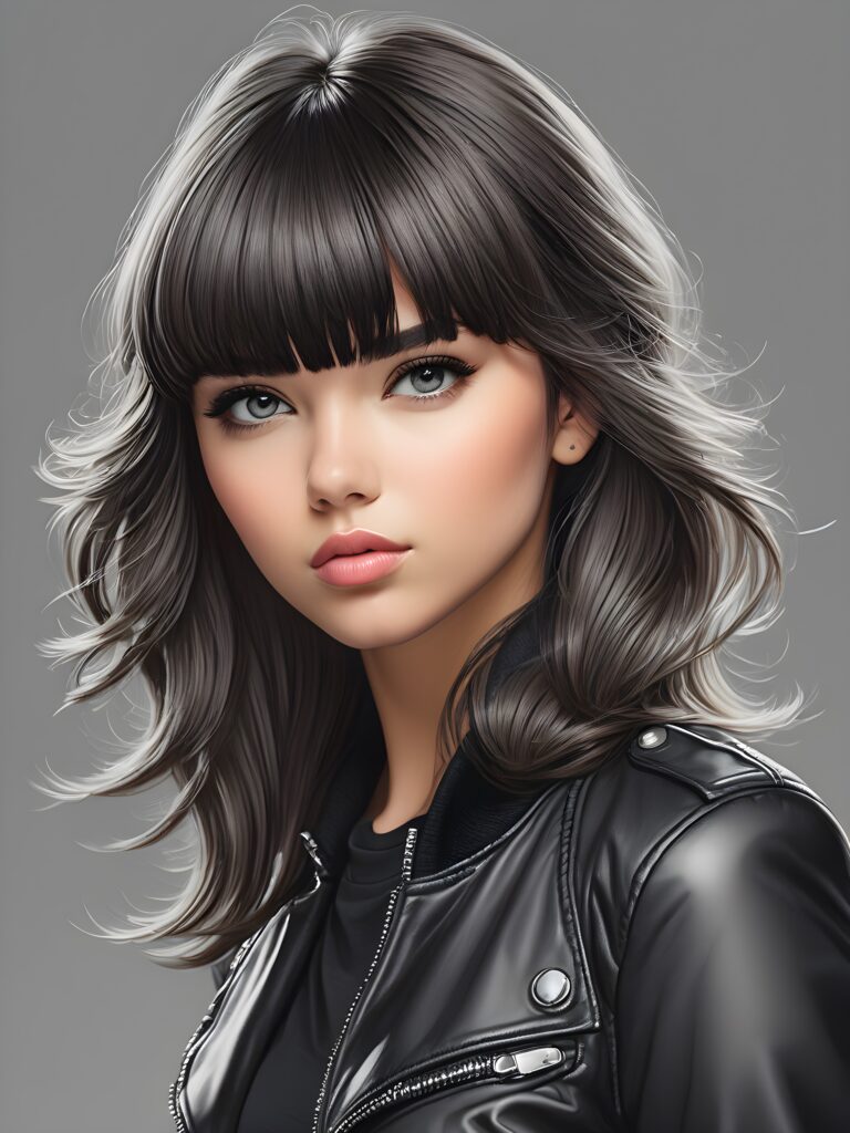 a young beautiful teen girl, perfect curved body, realistic detailed hair, fit body, full lips, crop black jacket, ((straight hair, bangs cut), ((stunning)) ((gorgeous)) ((detailed upper body portrait)), ((grey background))