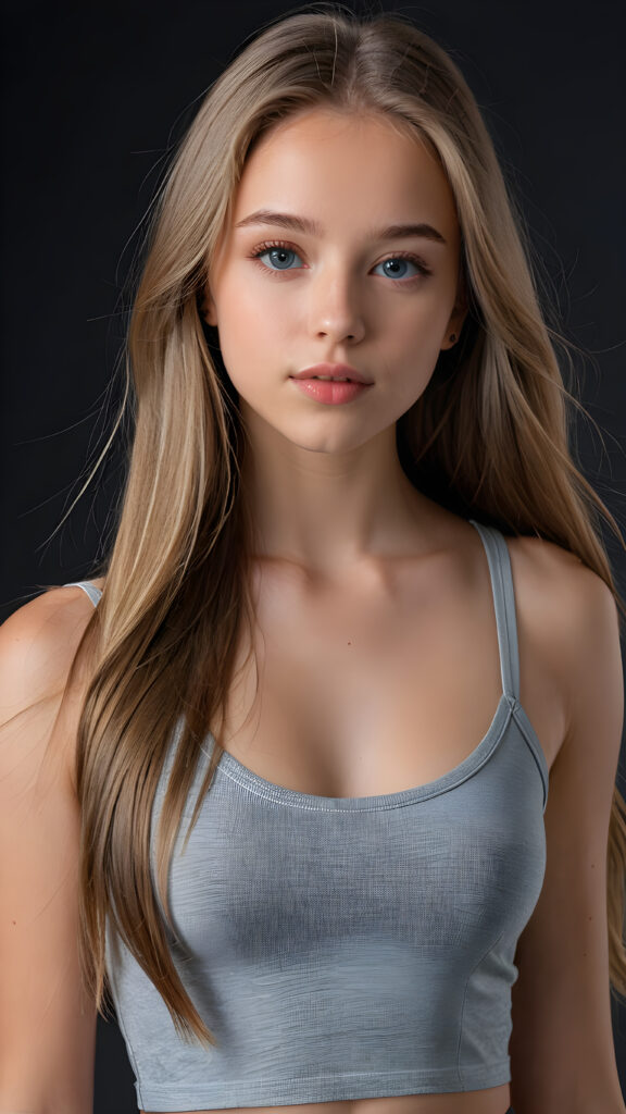 a young beautiful young teen girl, she has full lips and her mouth is slightly open ready to kiss, she has long (((detailed straight hair))) (her hair falls on her shoulders), and (realistic light blue eyes), ((angelic face)), black background, perfect shadows, weak light falls into the picture from the side, she wears a tight (((grey crop top))), perfect curved body, she looks seductively at the viewer, flawless skin, ((side view)) ((ultra realistic photo)) ((stunning)) ((gorgeous)) ((4k))