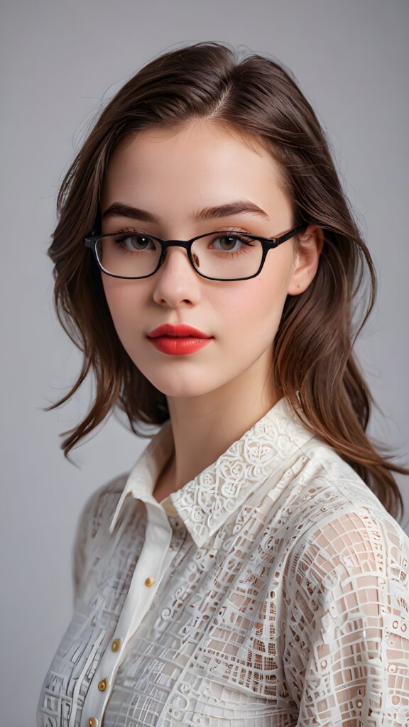 a young beautiful nerd teen girl, lightly dressed, flawless skin, ((stunning)) ((gorgeous)) ((detailed full body portrait)), ((empty background)), ((full lips))