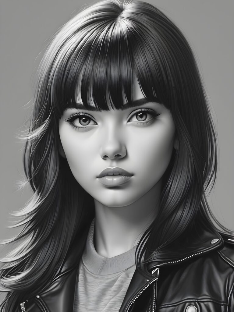 a young beautiful teen girl, perfect curved body, realistic detailed hair, fit body, full lips, crop black jacket, ((straight hair, bangs cut), ((stunning)) ((gorgeous)) ((detailed upper body portrait)), ((grey background)) ((a charcoal pencil drawing by hand))