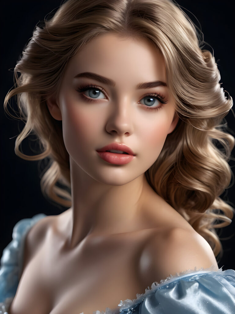 a young beautiful girl looks like Cinderella, she has full lips and her mouth is slightly open ready to kiss, she has (((detailed hair))), and (realistic eyes), ((angelic face)), black background, perfect shadows, weak light falls into the picture from the side, perfect curved body, she looks seductively at the viewer, flawless skin, ((side view)) ((ultra realistic photo)) ((stunning)) ((gorgeous)) ((4k)) ((upper body))