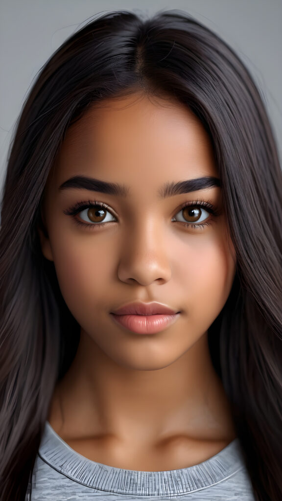 a young beautiful dark-skinned cute teen girl, straight hair, grey background, ((stunning)) ((gorgeous)) ((4k)) ((realistic detailed photo))