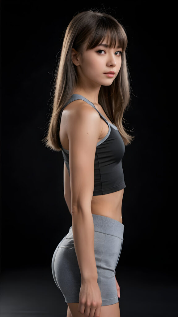 a young beautiful teen girl, perfect curved body, fit body, weak, dimmed light, ((straight hair, bangs cut), ((stunning)) ((gorgeous)), ((black background)), ((grey short and tight sport crop top)) ((grey short pants)) ((side view))