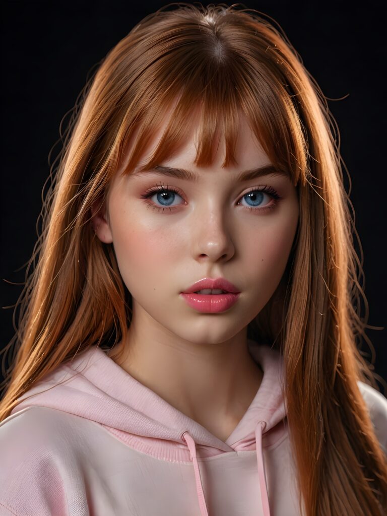 a young beautiful teen girl, 15 years old, dimmed light falls on her face, she has long (((auburn straight bright hair))) in bangs cut and deep blue eyes, ((angelic round face)), ((realistic, detailed portrait)), dark background, perfect shadown, (((pink lips))), she wears a white hoodie, looks tired at the viewer