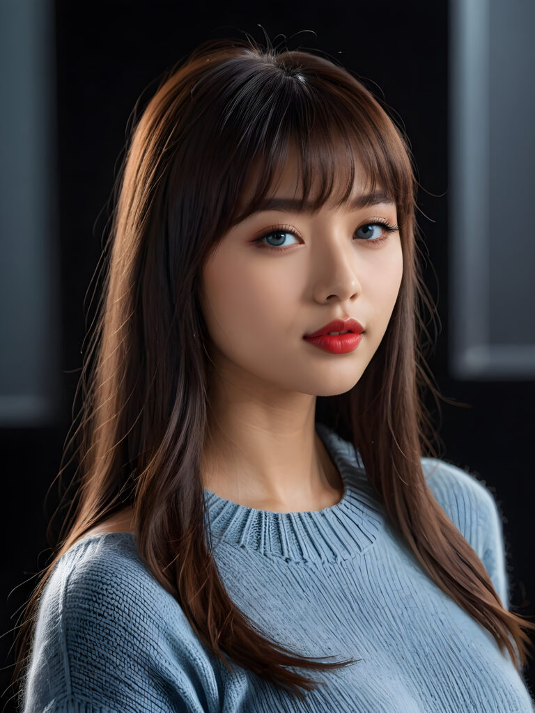 a young beautiful young Indonesian girl, she has full red lips and her mouth is slightly open ready to kiss, she has long (((detailed dark straight hair in bangs cut))) (her hair falls on her shoulders), and (realistic light blue eyes), ((angelic face)), black background, perfect shadows, weak light falls into the picture from the side, she wears a tight (((wool sweater in white))), perfect curved body, she looks seductively at the viewer, flawless skin, ((side view)) ((ultra realistic photo)) ((stunning)) ((gorgeous)) ((4k))