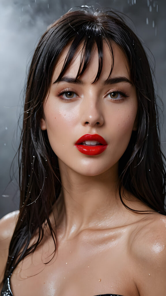 a young beautiful girl, wearing a large, she has (full red lips) and her mouth is slightly open, she has long (((detailed straight wet shoulder-length dark hair, bangs that are parted to the side))), and (realistic dark eyes), ((angelic face)), ((grey background)), perfect shadows, weak light falls into the picture from the side, perfect curved body, she looks seductively at the viewer, flawless skin, white teeth, ((side view)) ((ultra realistic photo)) ((stunning)) ((gorgeous)) ((4k)) ((upper body))