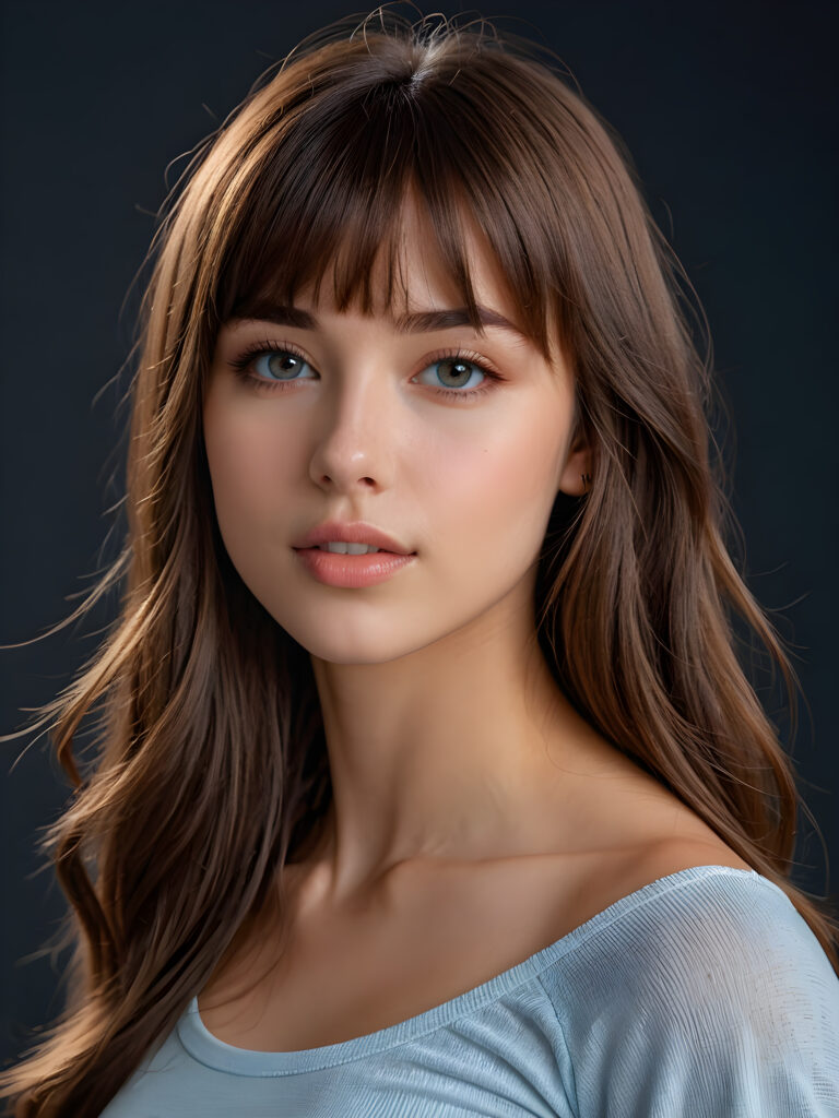 a young beautiful teen girl, she has full lips and her mouth is slightly open ready to kiss, she has long (((detailed brown straight shoulder-length hair, bangs that are parted to the side))), and (realistic light blue OR brown eyes), ((angelic face)), dark background, perfect shadows, weak light falls into the picture from the side, she wears a tight (((crop top in black OR white))), perfect curved body, she looks seductively at the viewer, flawless skin, white teeth, ((side view)) ((ultra realistic photo)) ((stunning)) ((gorgeous)) ((4k)) ((upper body))