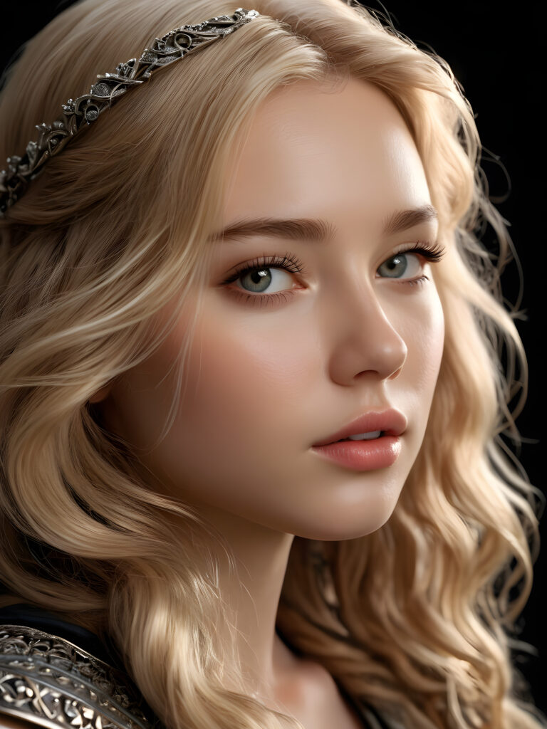 a young beautiful girl looks like Eowyn, she has full lips and her mouth is slightly open ready to kiss, she has (((detailed hair))), and (realistic eyes), ((angelic face)), black background, perfect shadows, weak light falls into the picture from the side, perfect curved body, she looks seductively at the viewer, flawless skin, ((side view)) ((ultra realistic photo)) ((stunning)) ((gorgeous)) ((4k)) ((upper body))