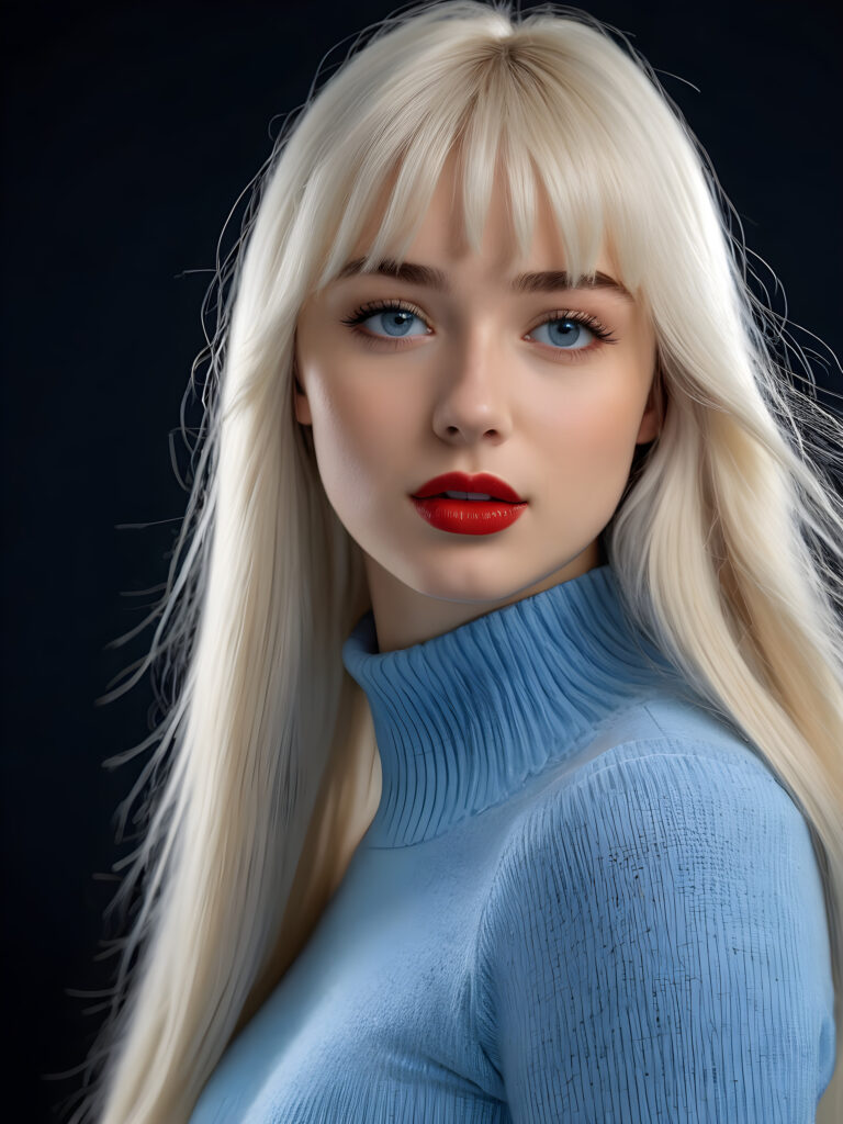 a young beautiful young Nordic girl, she has full red lips and her mouth is slightly open ready to kiss, white teeth, she has long (((detailed white straight hair in bangs cut))) (her hair falls on her shoulders), and (realistic light blue eyes), ((angelic face)), dark background, perfect shadows, weak light falls into the picture from the side, she wears a tight (((silk sweater in blue))), perfect curved body, she looks seductively at the viewer, flawless skin, ((side view)) ((ultra realistic photo)) ((stunning)) ((gorgeous)) ((4k))