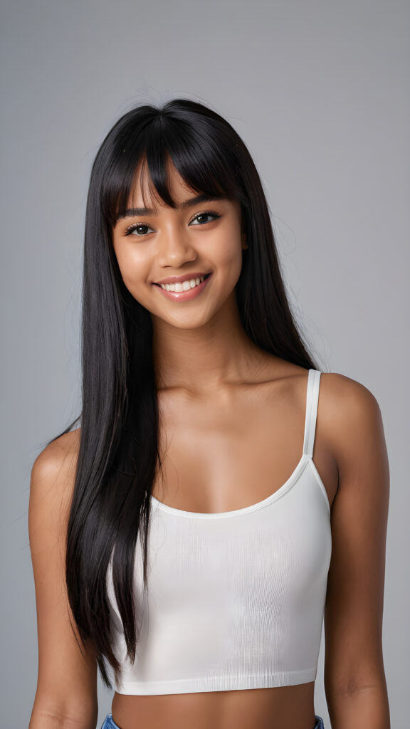 a young beautiful dark-skinned teen girl, (((straight long black hair, bangs cut))) (her hair falls on her shoulders), and (realistic dark blue eyes), ((angelic round face)), perfect shadows, white teeth, she wears (a ((tight crop top))), perfect curved fit body, upper body, grey background, ((stunning)) ((gorgeous)) ((4k)) ((artistically designed portrait))