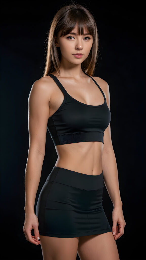 a young beautiful teen girl, perfect curved body, fit body, weak, dimmed light, ((straight hair, bangs cut), ((stunning)) ((gorgeous)), ((black background)), ((low cut sport crop top)) ((short mini skirt))