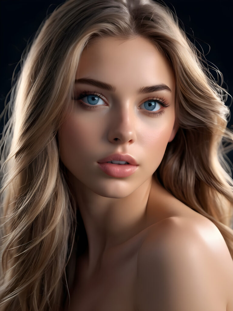 a young beautiful girl looks like Venus, she has full lips and her mouth is slightly open ready to kiss, she has (((detailed straight long hair))) (her hair falls on her shoulders), and (realistic light blue eyes), ((angelic face)), black background, perfect shadows, weak light falls into the picture from the side, perfect curved body, she looks seductively at the viewer, flawless skin, ((side view)) ((ultra realistic photo)) ((stunning)) ((gorgeous)) ((4k)) ((upper body))