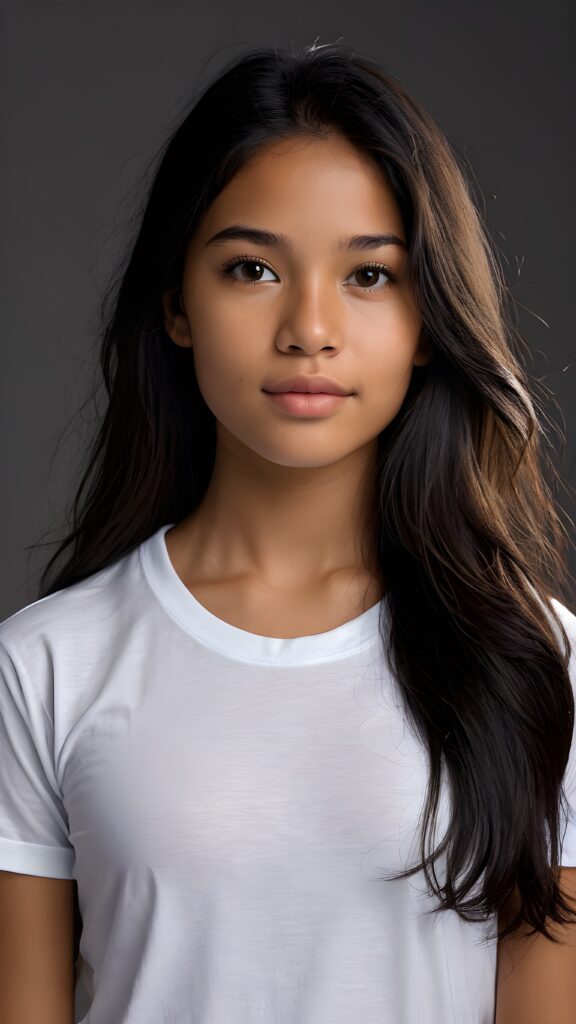 a young beautiful cute Peruvian teen girl, 15 years old, dimmed light falls on her face, she has long (((dark hair))) and dark eyes, ((angelic round face)), ((realistic, detailed portrait)), grey background, perfect shadown, she wears a white t-shirt, perfect curved body, upper body, ((side view))