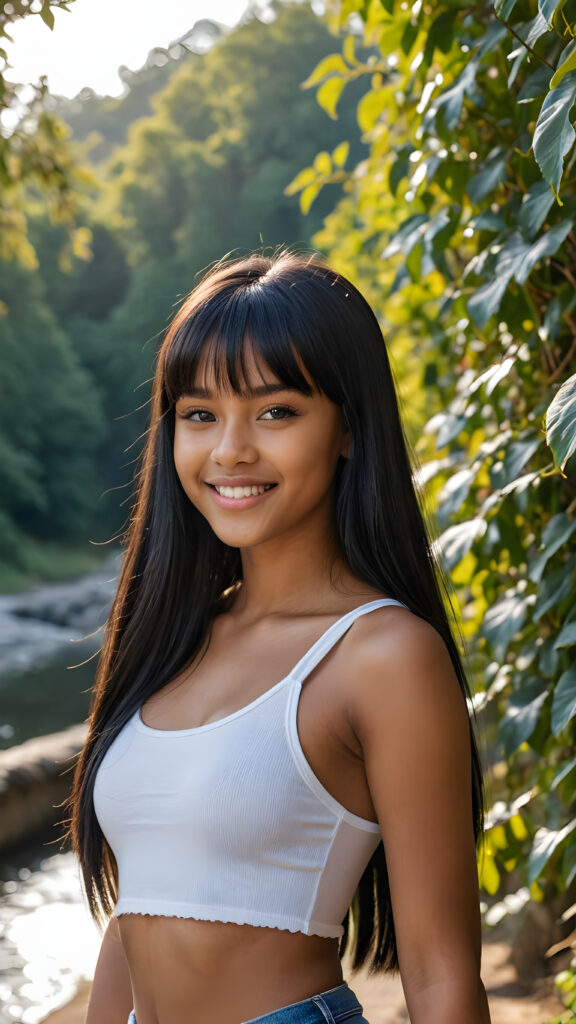a young beautiful dark-skinned teen girl, warm smile, dimmed light falls on her, she has (((straight long black hair, bangs cut))) (her hair falls on her shoulders), and (realistic dark blue eyes), ((angelic round face)), perfect shadows, white teeth, she wears (a ((tight crop top))), perfect curved fit body, upper body, flawless skin, grey background, ((stunning)) ((gorgeous)) ((4k)) ((artistically designed portrait))