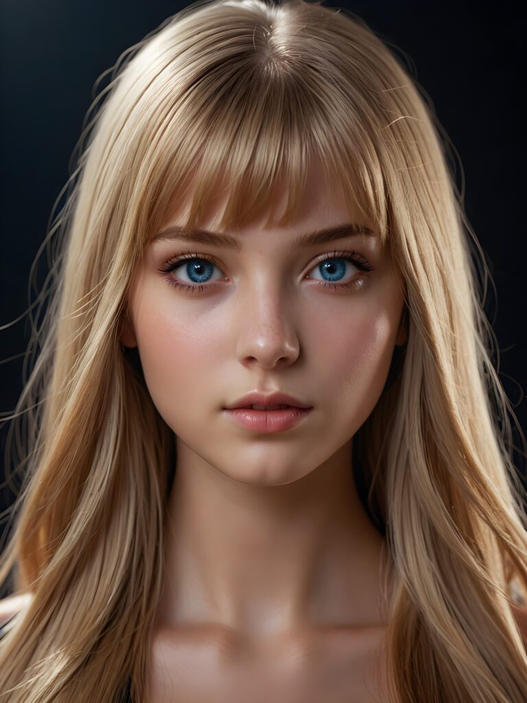 a young beautiful teen girl, dimmed light falls on her face, creating a peaceful, calm atmosphere. She has long blond straight bright hair in bangs cut and deep blue eyes ((realistic, detailed portrait)), dark background, perfect shadown