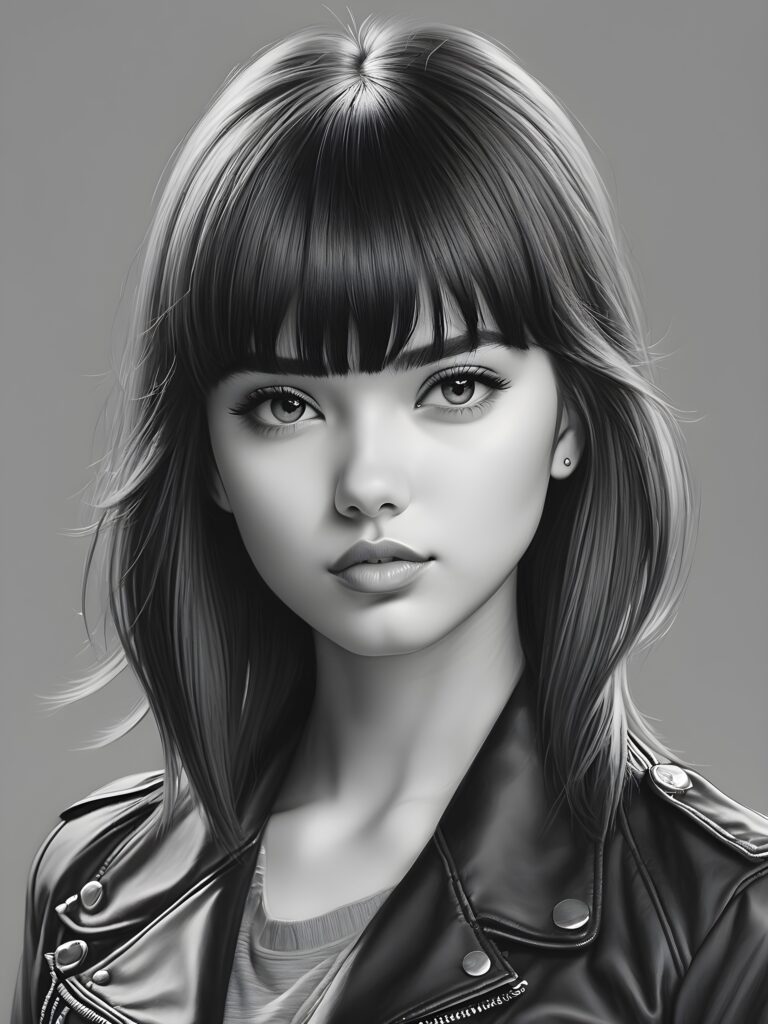 a young beautiful teen girl, perfect curved body, realistic detailed hair, fit body, full lips, crop black jacket, ((straight hair, bangs cut), ((stunning)) ((gorgeous)) ((detailed upper body portrait)), ((grey background)) ((a charcoal pencil drawing by hand))