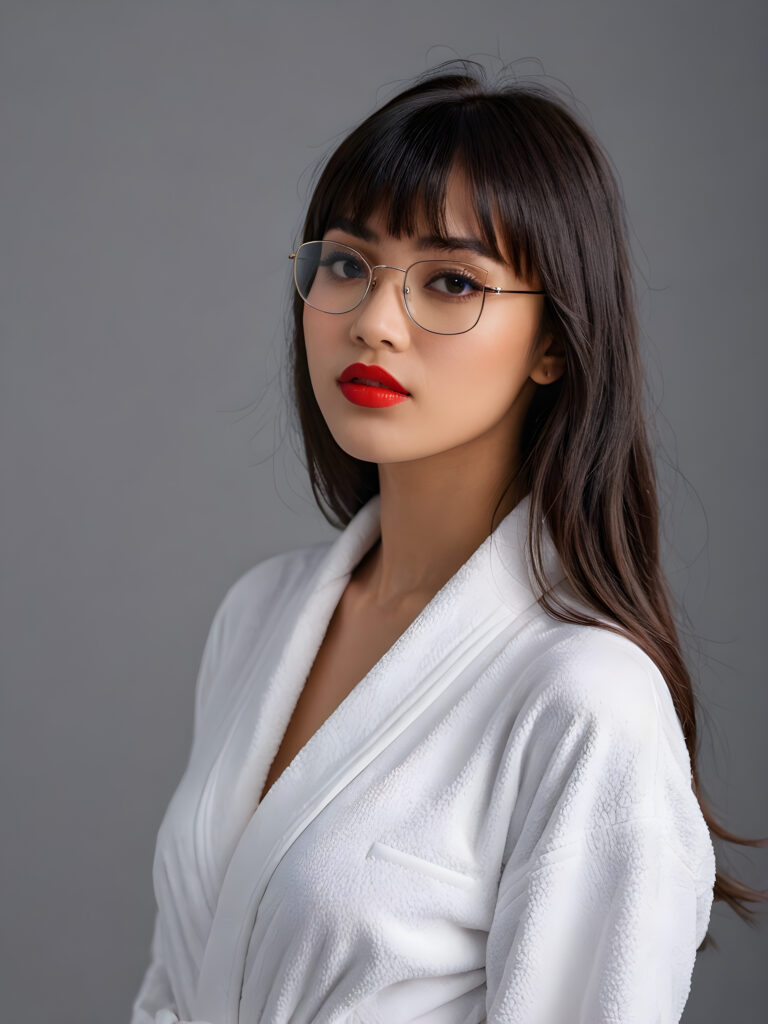 a young beautiful Exotic teen girl, wearing a large, dark prescription glasses, she wears a white bathrobe, she has (full red lips) and her mouth is slightly open, she has long (((detailed straight shoulder-length dark hair, bangs that are parted to the side))), and (realistic dark eyes), ((angelic face)), ((grey background)), perfect shadows, weak light falls into the picture from the side, perfect curved body, she looks seductively at the viewer, flawless skin, white teeth, ((side view)) ((ultra realistic photo)) ((stunning)) ((gorgeous)) ((4k)) ((upper body))
