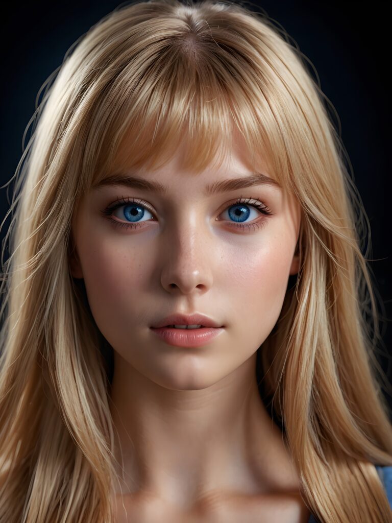 a young beautiful teen girl, dimmed light falls on her face, creating a peaceful, calm atmosphere. She has long blond straight bright hair in bangs cut and deep blue eyes ((realistic, detailed portrait)), dark background, perfect shadown