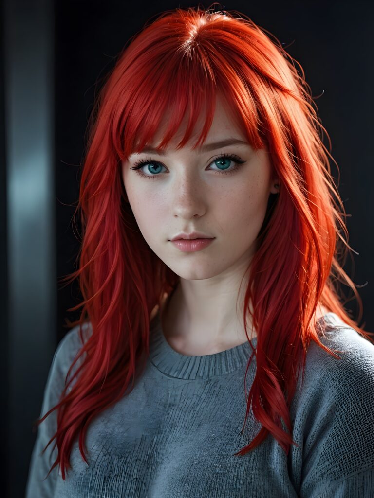 a young cute Emo teen girl, she has (((long neon red hair, bangs cut))), and (realistic dark blue eyes), ((angelic round face)), perfect shadows, ((wearing a thin grey sweater)), she looks seductively at the viewer, weak light falls into the picture and creates a contrasting silhouette, upper body, flawless skin, dark mystic background, ((ultra realistic photo)) ((stunning)) ((gorgeous)) ((4k))