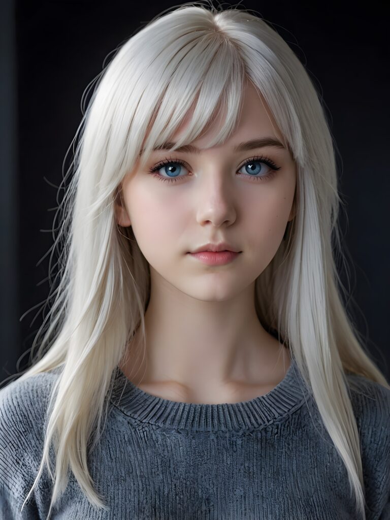 a young cute Emo teen girl, she has (((long platinum white colored hair, bangs cut))), and (realistic dark blue eyes), ((angelic round face)), perfect shadows, ((wearing a thin grey sweater)), she looks seductively at the viewer, weak light falls into the picture and creates a contrasting silhouette, upper body, flawless skin, dark background, ((ultra realistic photo)) ((stunning)) ((gorgeous)) ((4k))