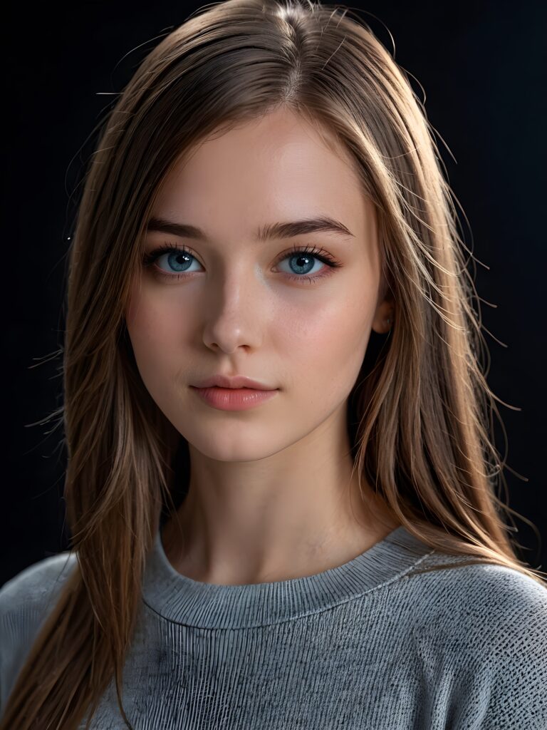 a young cute Emo teen girl, she has (((long straight hair))), and (realistic dark blue eyes), ((angelic round face)), perfect shadows, wearing a grey silk sweater, perfect curved body, she looks seductively at the viewer, weak light falls into the picture and creates a contrasting silhouette, upper body, flawless skin, black background, ((ultra realistic photo)) ((stunning)) ((gorgeous)) ((4k)) ((with a great neckline)) ((with a model pose))