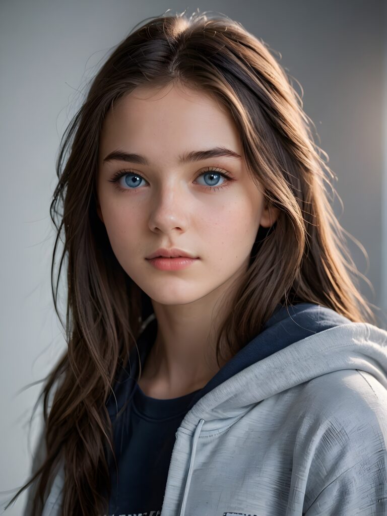a young cute Emo teen girl, 15 years old, dimmed light falls on her, she has (((long hair))), and (realistic dark blue eyes), ((angelic round face)), in a dreamy, perfect shadows, wearing a grey hoodie, perfect curved body, she looks seductively at the viewer, upper body, flawless skin, light background, ((side profile)) ((ultra realistic photo)) ((stunning)) ((gorgeous)) ((4k))