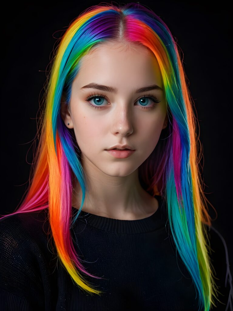 a young cute Emo teen girl, 13 years old, she has (((long straight neon rainbow colored hair))), and (realistic dark blue eyes), ((angelic round face)), perfect shadows, ((wearing a silk sweater)), perfect curved body, she looks seductively at the viewer, weak light falls into the picture and creates a contrasting silhouette, upper body, flawless skin, black background, ((ultra realistic photo)) ((stunning)) ((gorgeous)) ((4k))