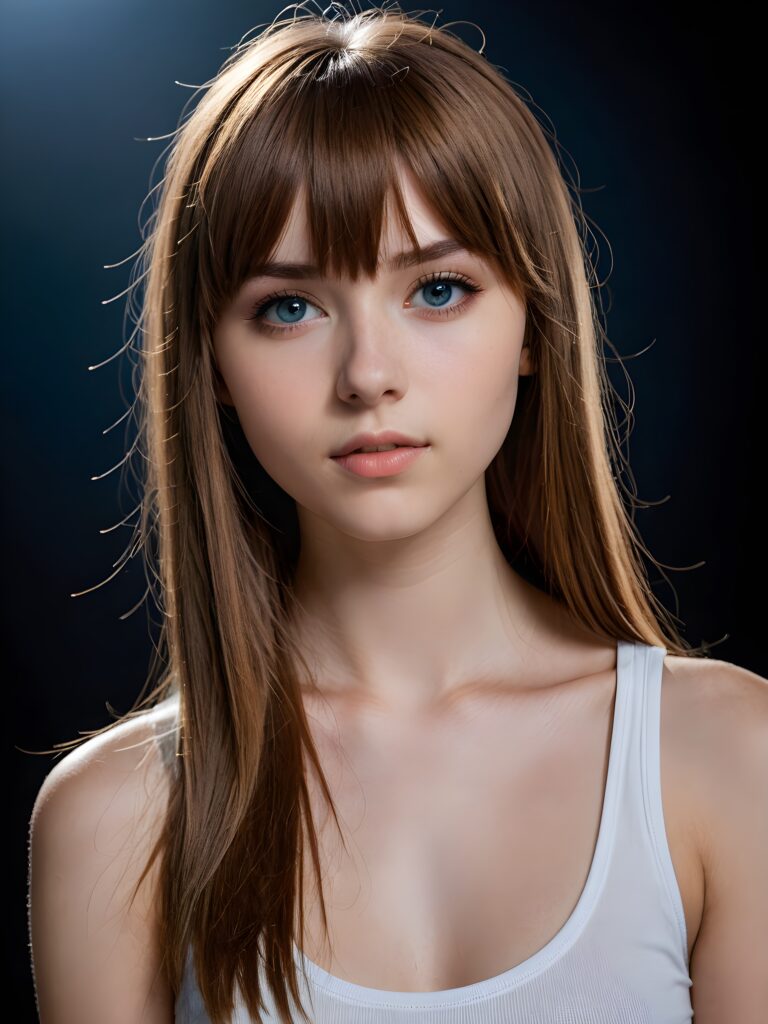 a young cute Emo teen girl, she has (((long straight hazelnut hair, bangs cut))), and (realistic dark blue eyes), ((angelic round face)), perfect shadows, ((wearing a thin white tank top)), she looks seductively at the viewer, weak light falls into the picture and creates a contrasting silhouette, upper body, flawless skin, dark mystic background, ((ultra realistic photo)) ((stunning)) ((gorgeous)) ((4k))
