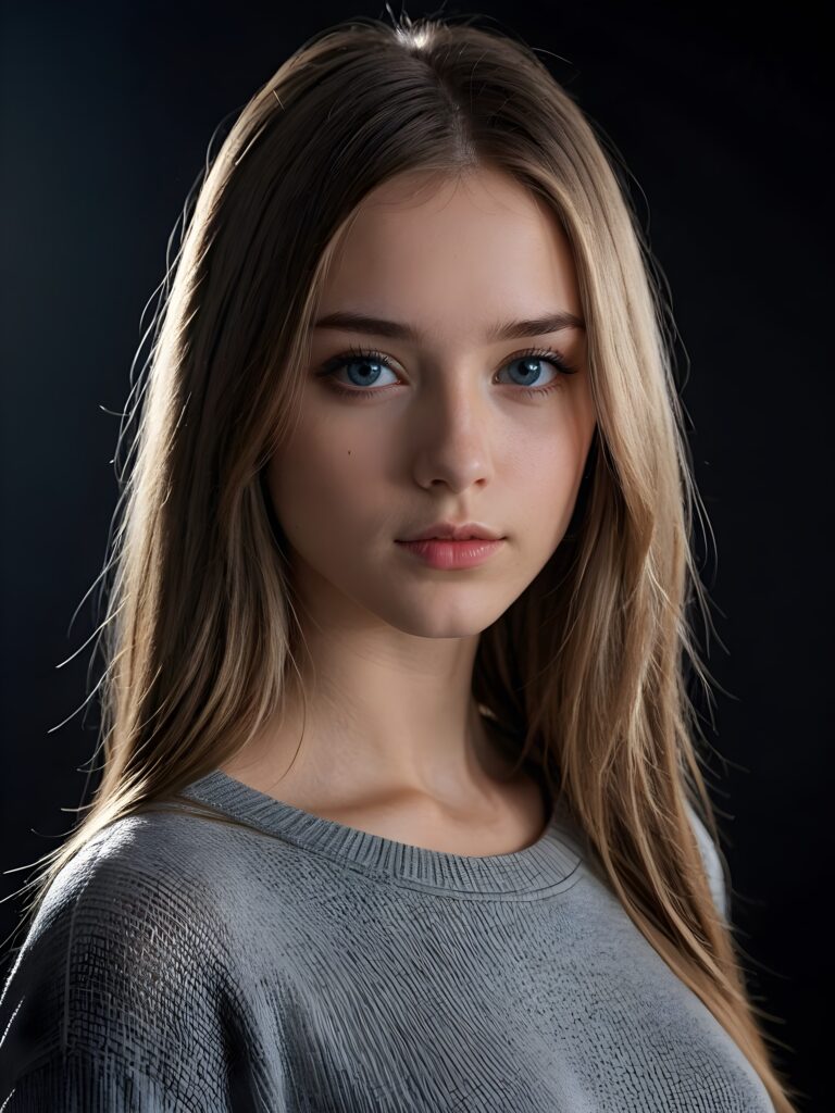 a young cute Emo teen girl, she has (((long straight hair))), and (realistic dark blue eyes), ((angelic round face)), perfect shadows, wearing a grey silk sweater, perfect curved body, she looks seductively at the viewer, weak light falls into the picture and creates a contrasting silhouette, upper body, flawless skin, black background, ((ultra realistic photo)) ((stunning)) ((gorgeous)) ((4k)) ((with a great neckline)) ((with a model pose))