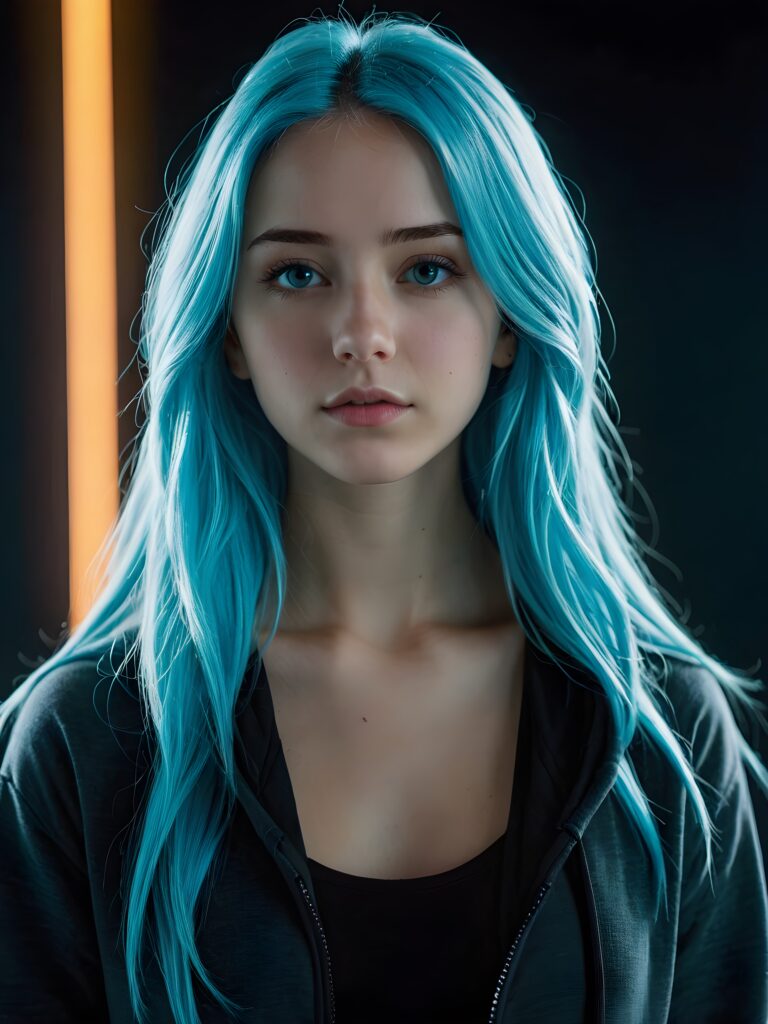 a young cute Emo teen girl, 15 years old, she has long (((neon light blue hair))), and (realistic dark blue eyes), ((angelic round face)), in a dreamy, perfect shadows, wearing a grey hoodie, perfect curved body, she looks seductively at the viewer, weak light falls into the picture and creates a contrasting silhouette, upper body, flawless skin, dark background, ((side profile)) ((ultra realistic photo)) ((stunning)) ((gorgeous)) ((4k))