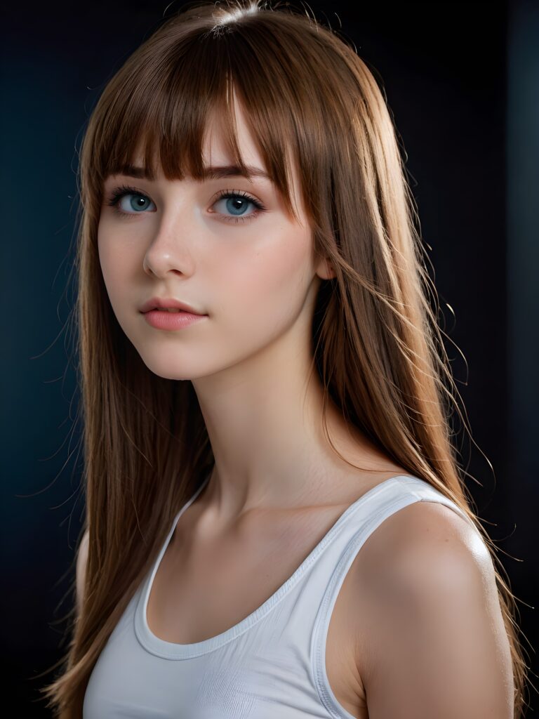 a young cute Emo teen girl, she has (((long straight hazelnut hair, bangs cut))), and (realistic dark blue eyes), ((angelic round face)), perfect shadows, ((wearing a thin white tank top)), she looks seductively at the viewer, weak light falls into the picture and creates a contrasting silhouette, upper body, flawless skin, dark mystic background, ((ultra realistic photo)) ((stunning)) ((gorgeous)) ((4k))