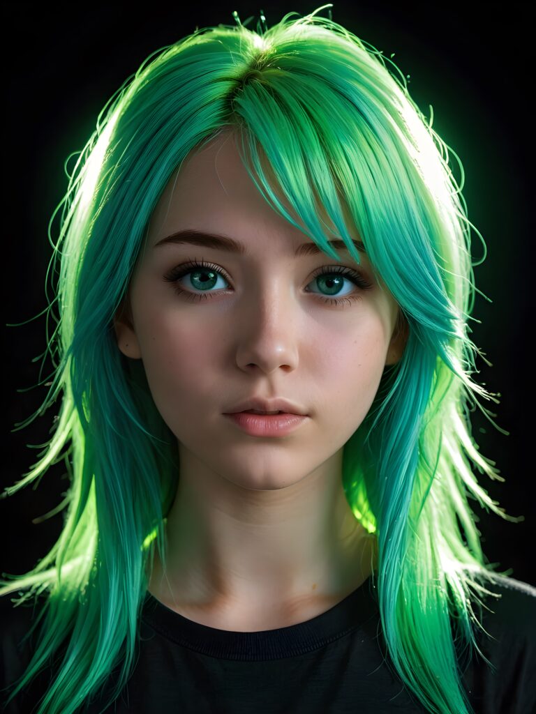 a young cute Emo teen girl, 13 years old, she has (((long neon light green hair))), and (realistic dark blue eyes), ((angelic round face)), perfect shadows, wearing a grey shirt, perfect curved body, she looks seductively at the viewer, weak light falls into the picture and creates a contrasting silhouette, upper body, flawless skin, black background, ((side profile)) ((ultra realistic photo)) ((stunning)) ((gorgeous)) ((4k))