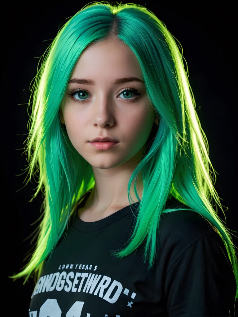 a young cute Emo teen girl, 13 years old, she has (((long neon light green hair))), and (realistic dark blue eyes), ((angelic round face)), perfect shadows, wearing a grey shirt, perfect curved body, she looks seductively at the viewer, weak light falls into the picture and creates a contrasting silhouette, upper body, flawless skin, black background, ((side profile)) ((ultra realistic photo)) ((stunning)) ((gorgeous)) ((4k))
